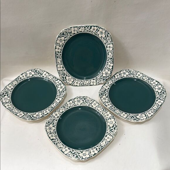 Harker Pottery Teal Green White Dinnerware Set Elegant Dining 6 1/2 Inch Set 4 - Picture 3 of 5